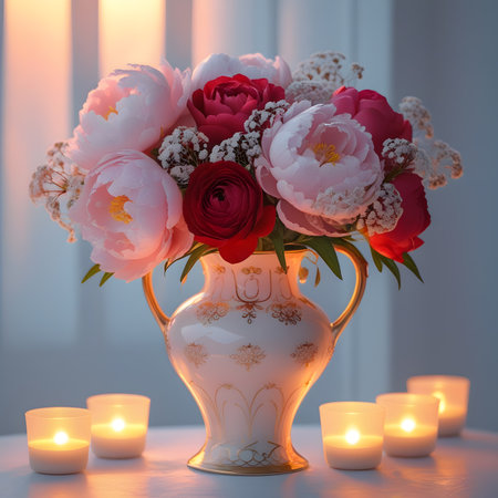 Bouquet of peonies in a vase with burning candlesの素材