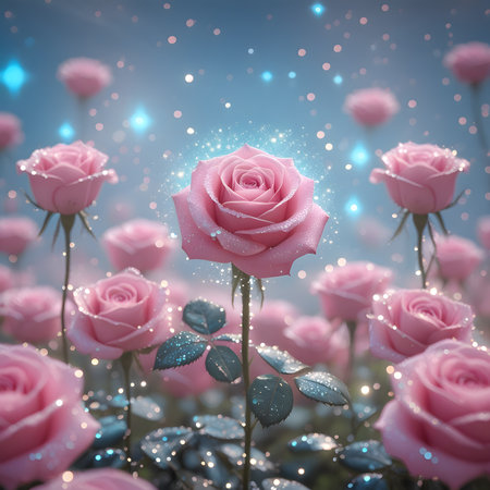 Beautiful pink rose with bokeh lights on blue sky backgroundの素材