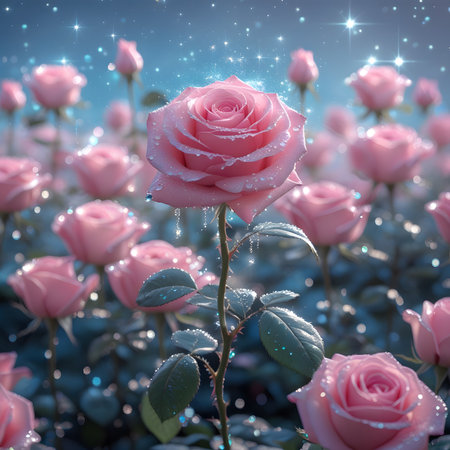 Beautiful pink rose on a background of blue sky with stars.の素材