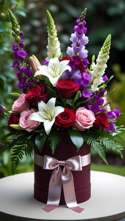 Beautiful bouquet of flowers in a gift box on the tableの素材