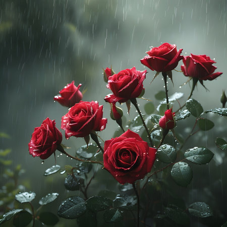 Beautiful red roses in the rain. Raindrops on flowers.の素材