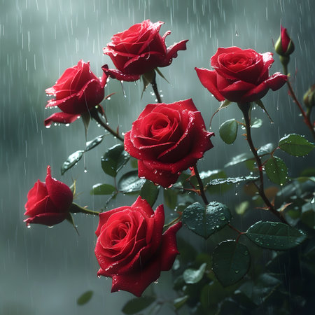 Red roses with rain drops on the background. Shallow depth of field.の素材