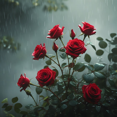 Beautiful red roses with raindrops on a dark background. Toned.の素材