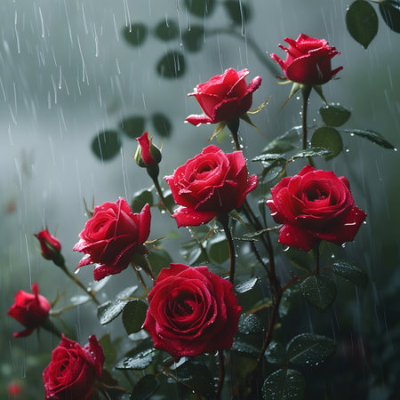 Beautiful red roses in the rain. Raindrops on flowers.の素材