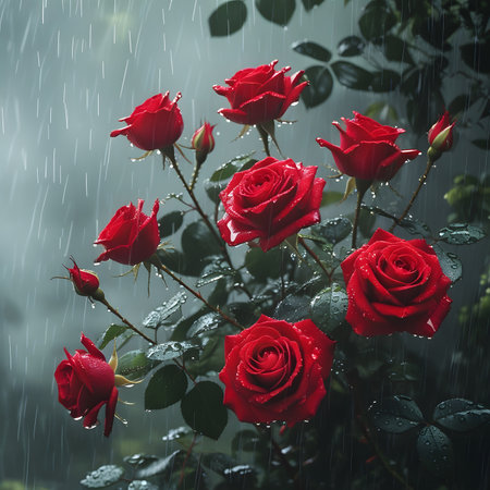 Red roses with rain drops on a rainy day. Natural background.の素材