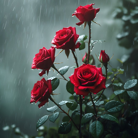 Beautiful red roses with raindrops on the background of the summer landscape.の素材