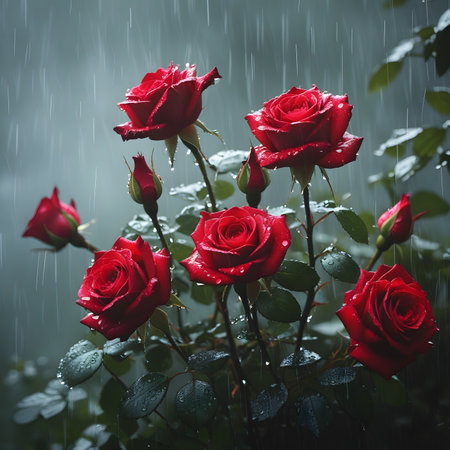 Beautiful red roses with raindrops on a dark rainy day.の素材