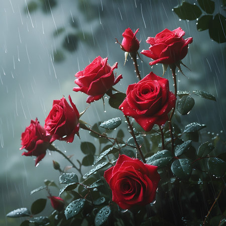 Beautiful red roses with drops of rain on a dark background.の素材