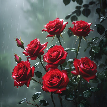 Beautiful red roses with rain drops on the window. Natural background.の素材