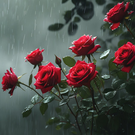 Beautiful red roses in the rain. Red roses in the rain.の素材