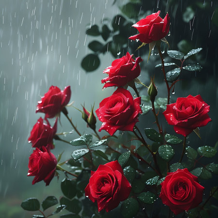 Red roses with raindrops on a dark background. Shallow depth of fieldの素材