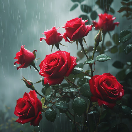 Beautiful red roses with raindrops on a rainy day. Toned.の素材