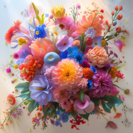 Colorful bouquet of flowers on a white background, top viewの素材