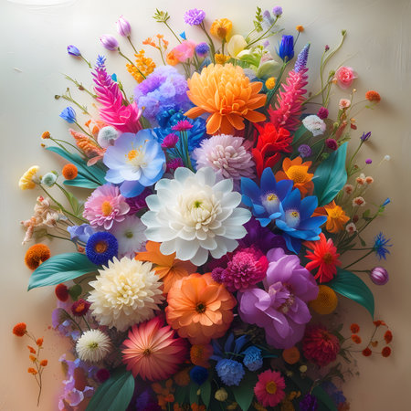 Colorful bouquet of flowers on a white background, top viewの素材