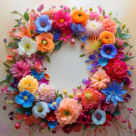 Flower wreath on white background. Top view. Flat lay.の素材