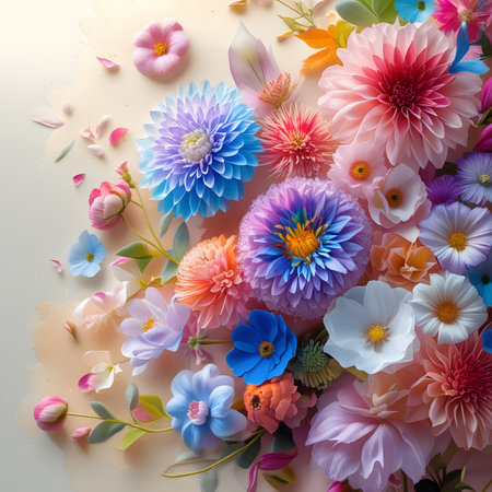 Colorful flowers and petals on a white background, top viewの素材