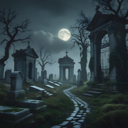 Halloween graveyard at night with full moon, 3d render illustrationの素材