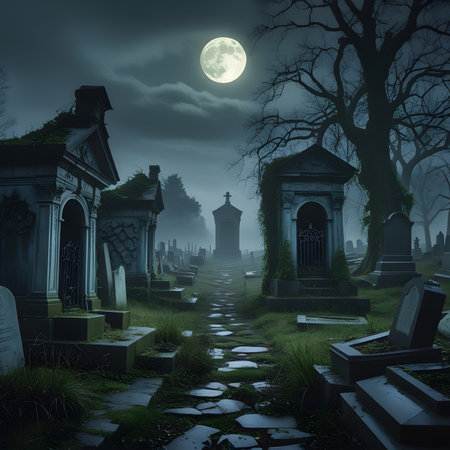 Spooky graveyard at night with full moon, 3D illustration.の素材