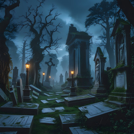 Gravestones in the cemetery at night, 3d illustration.の素材