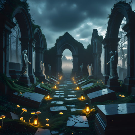 Scary graveyard in the mist. Halloween concept. 3D renderingの素材
