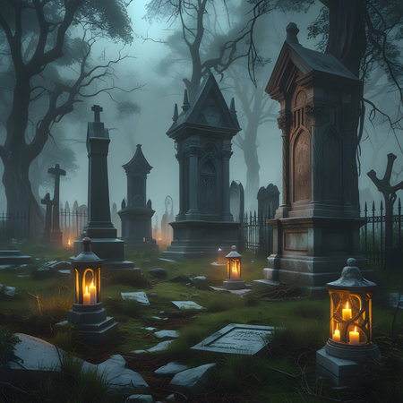 Foggy cemetery with lanterns and graves. Halloween illustration.の素材