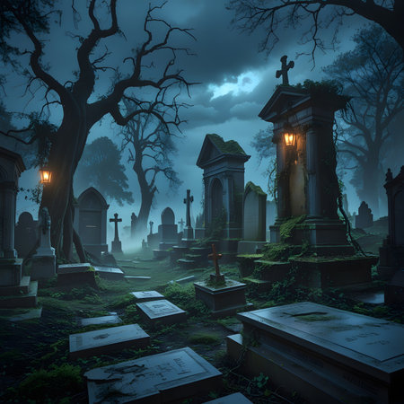 Gravestones in the cemetery at night. Halloween. 3D renderingの素材