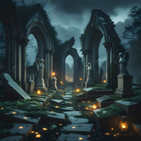 Mysterious cemetery at night, 3d rendering. Computer digital drawing.の素材