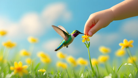 Hummingbird sucking nectar from a flower in the meadowの素材