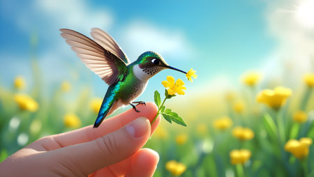 Hummingbird in hand on nature background. Hummingbird with flower.の素材