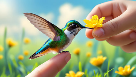 Hummingbird sitting on the palm of a human hand with yellow flowerの素材