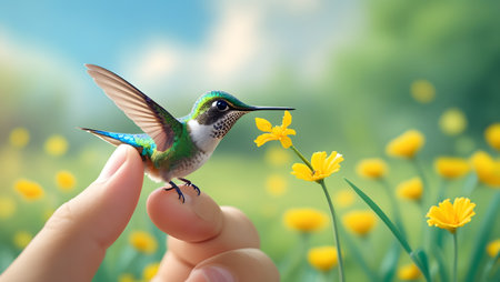 Hummingbird with yellow flower in the hand on nature background.の素材