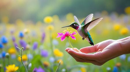 Hummingbird in hand and flower in the garden with nature backgroundの素材