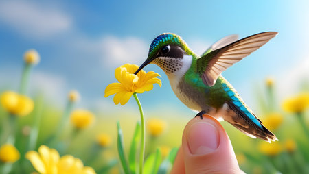 Hummingbird in the hand with yellow flower and blue sky backgroundの素材
