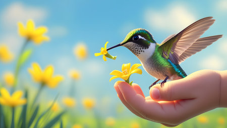Hummingbird with yellow flower in hand and blue sky background.の素材
