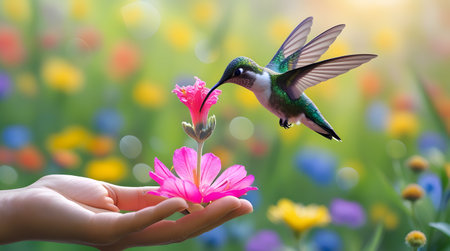 Hummingbird flying over pink flower in the meadow with sunlightの素材