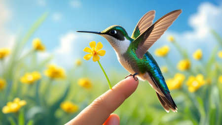Hummingbird with yellow flower in hand on blue sky background.の素材