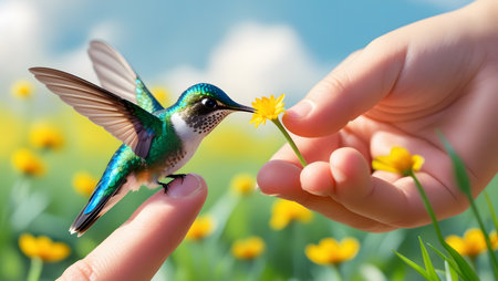 Hummingbird in the hand of a child on a background of spring flowersの素材