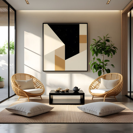 Interior of modern living room with white walls, concrete floor, comfortable wicker armchairs standing near coffee table and poster on wall. 3d renderingの素材
