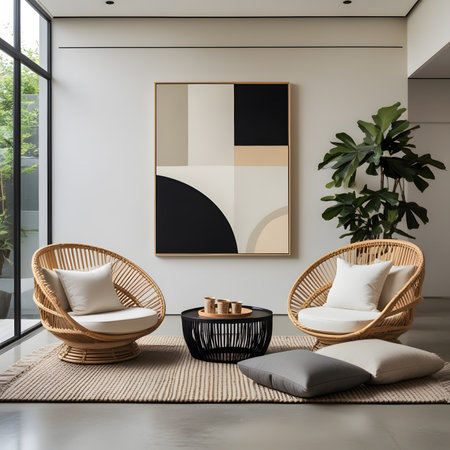 Interior of modern living room with white walls, concrete floor, comfortable wicker armchairs with pillows and wooden coffee table. 3d renderingの素材