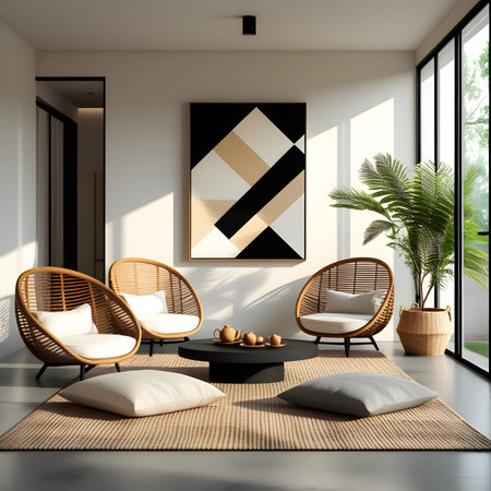 Interior of modern living room with white walls, tatami floor, comfortable armchairs and round coffee table. 3d renderingの素材