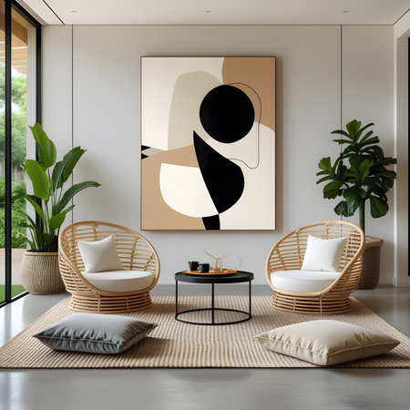 Interior of modern living room with white walls, concrete floor, comfortable wicker armchairs with cushions and a poster on the wall. 3d renderingの素材