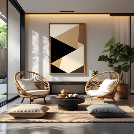 Interior of modern living room with white walls, concrete floor, comfortable armchairs standing near round coffee table and poster. 3d renderingの素材
