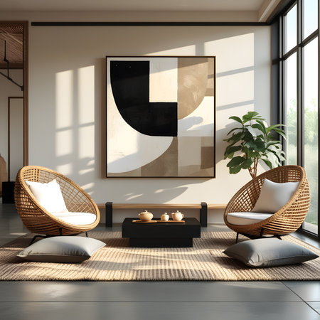 Interior of modern living room with white walls, tatami floor, wooden floor, comfortable armchairs and round coffee tables with pillows. 3d renderingの素材