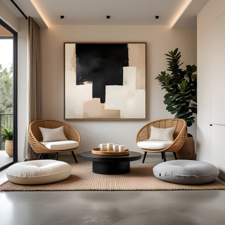 Interior of modern living room with white armchairs and coffee tableの素材