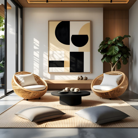 Interior of modern living room with white walls, concrete floor, brown sofa with wicker armchairs and round coffee table. 3d renderingの素材