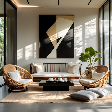 Interior of modern living room with white walls, concrete floor, comfortable sofa standing near round coffee table and two wicker armchairs. 3d renderingの素材