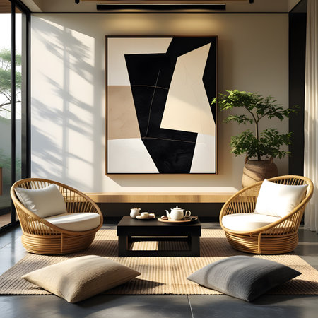 Contemporary living room interior with armchairs, coffee table and plant. Mock up, 3D Renderingの素材
