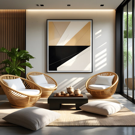 Interior of modern living room with white walls, concrete floor, comfortable wicker armchairs standing near coffee table and poster. 3d renderingの素材