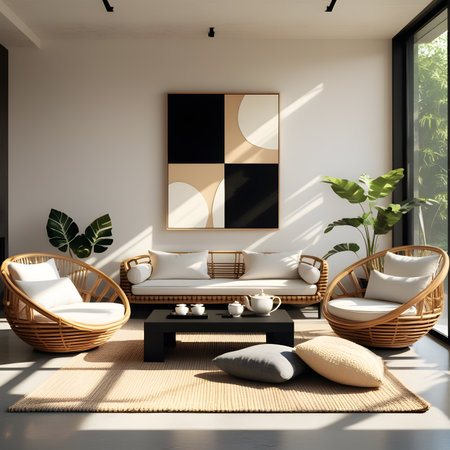 Interior of modern living room with white walls, concrete floor, comfortable sofa and round coffee table. 3d renderingの素材