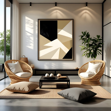 Interior of modern living room with white walls, concrete floor, 3d renderの素材